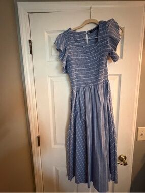 Simple Blue and White Stripe Smocked Midi Dress